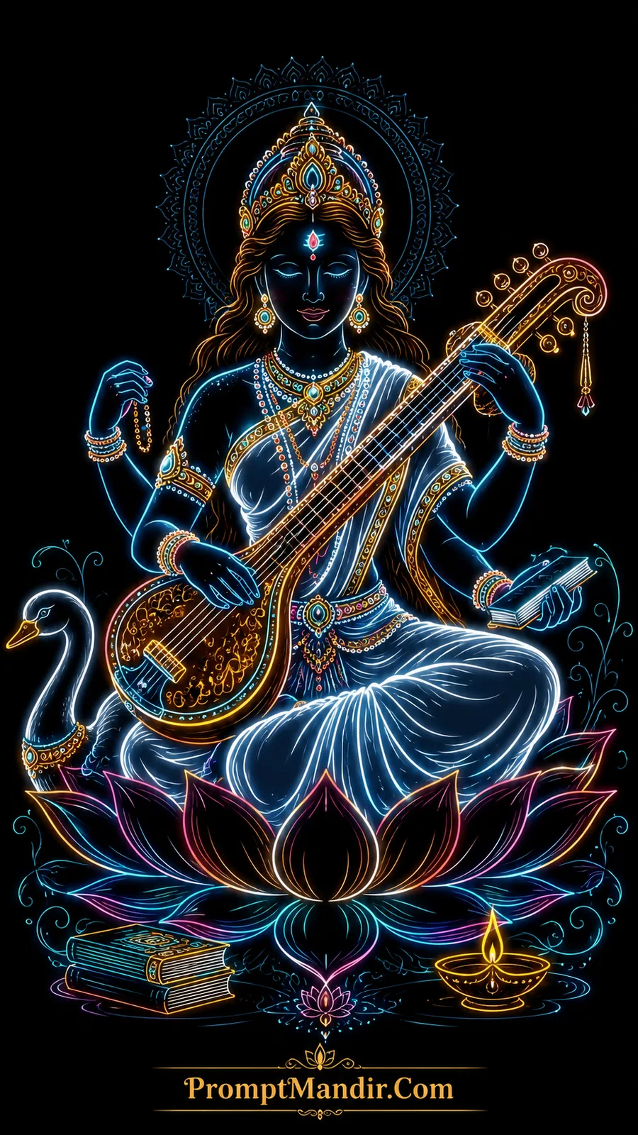 Goddess Saraswati playing veena seated on lotus with swan nearby