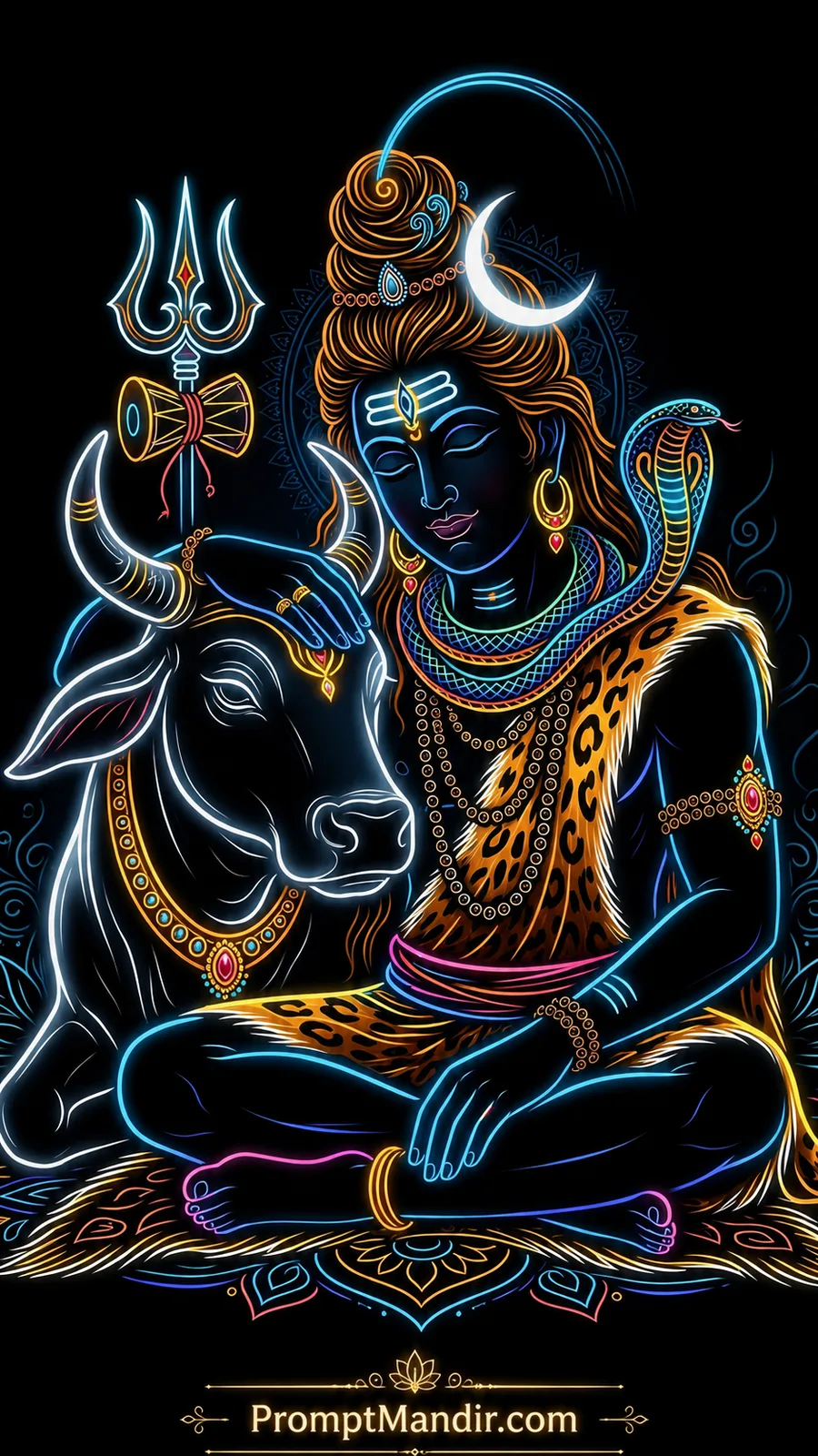 Lord Shiva seated peacefully beside Nandi with trident and serpent