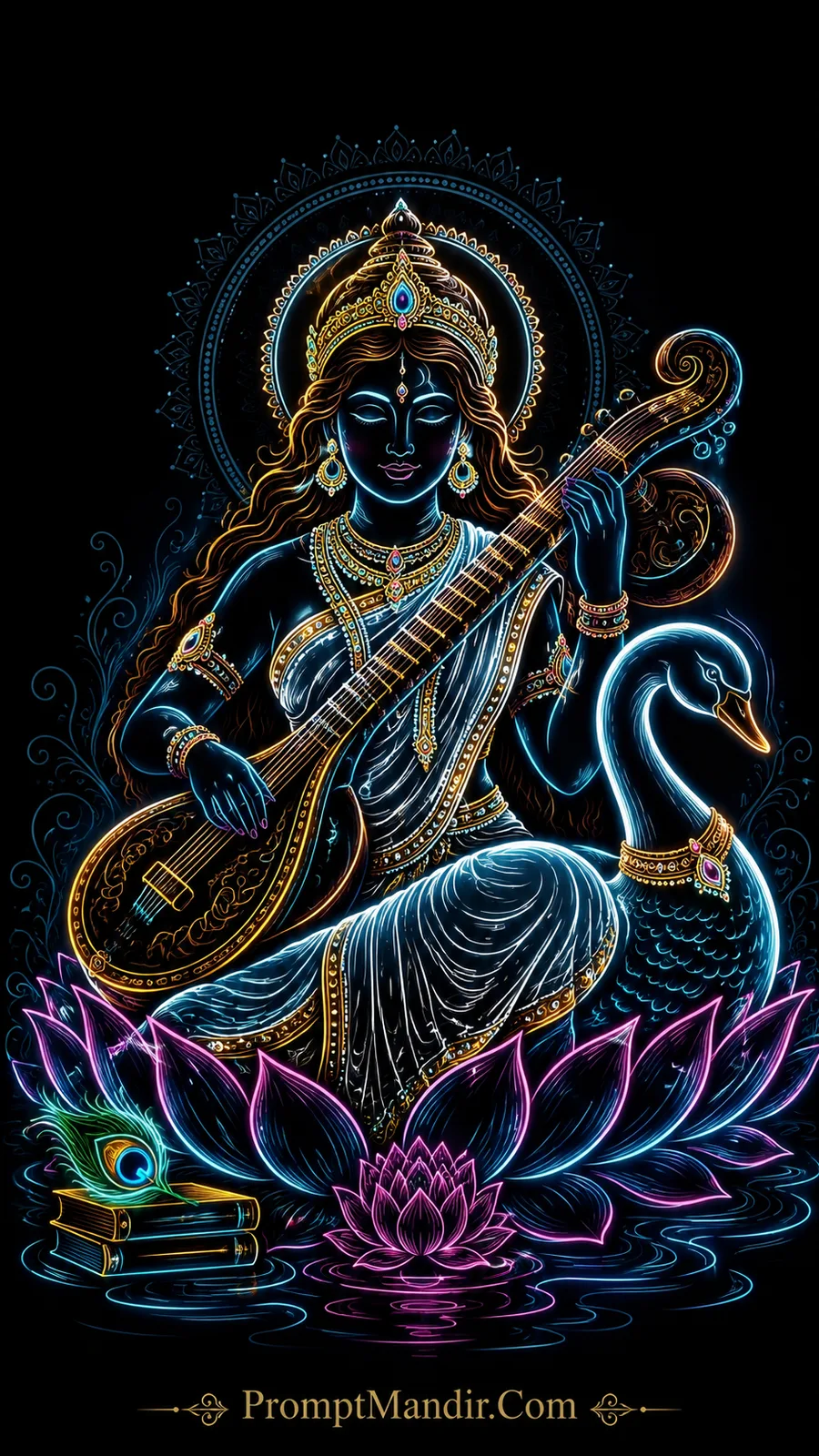 Goddess Saraswati holding veena seated gracefully with swan companion
