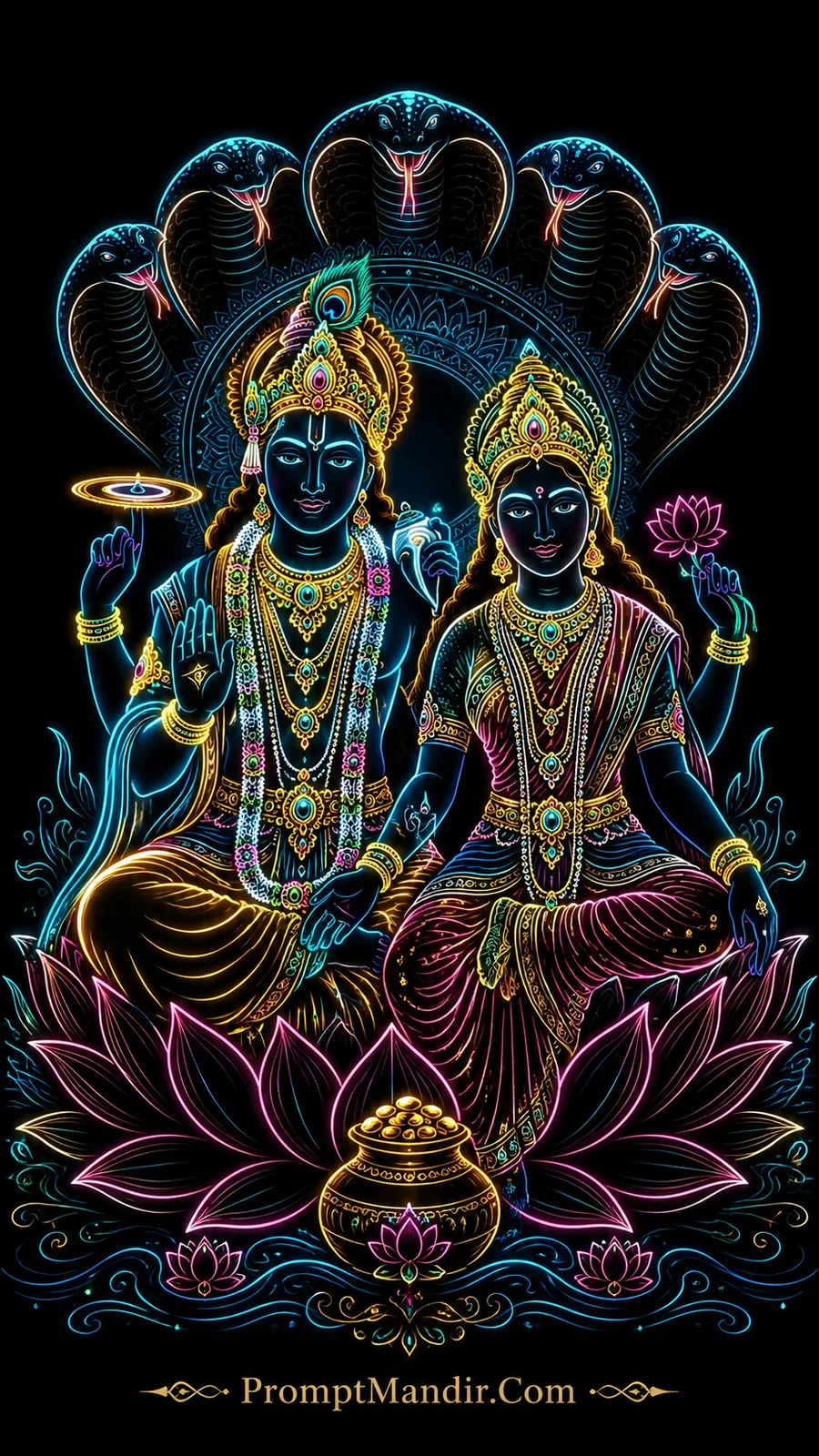 Lord Vishnu and Goddess Lakshmi seated beneath multi headed serpent