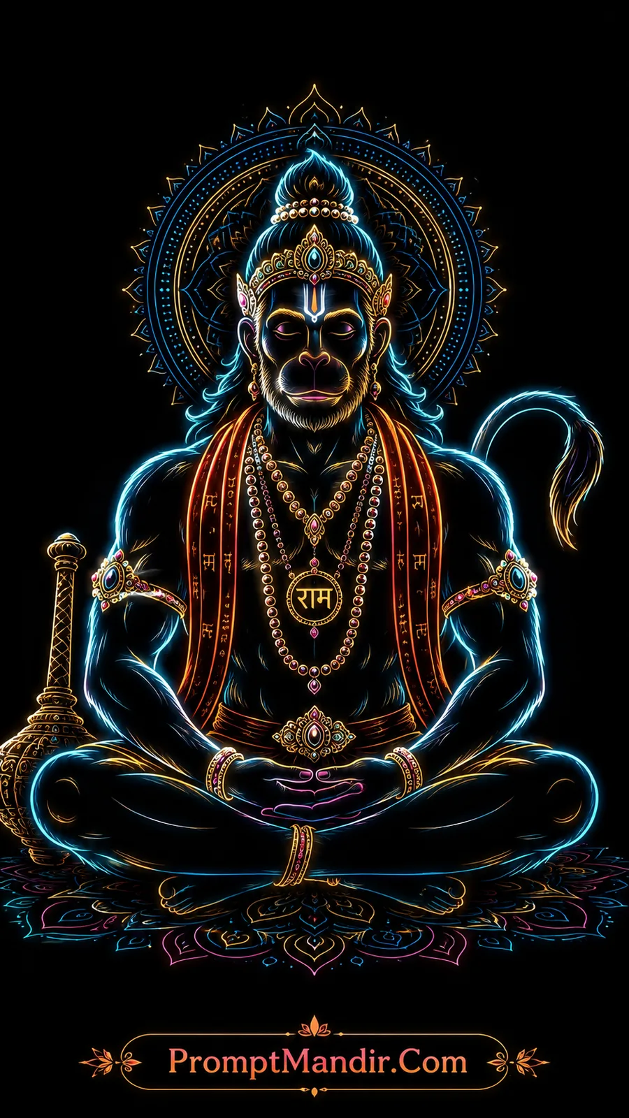 Meditating Lord Hanuman seated calmly with mace and sacred ornaments