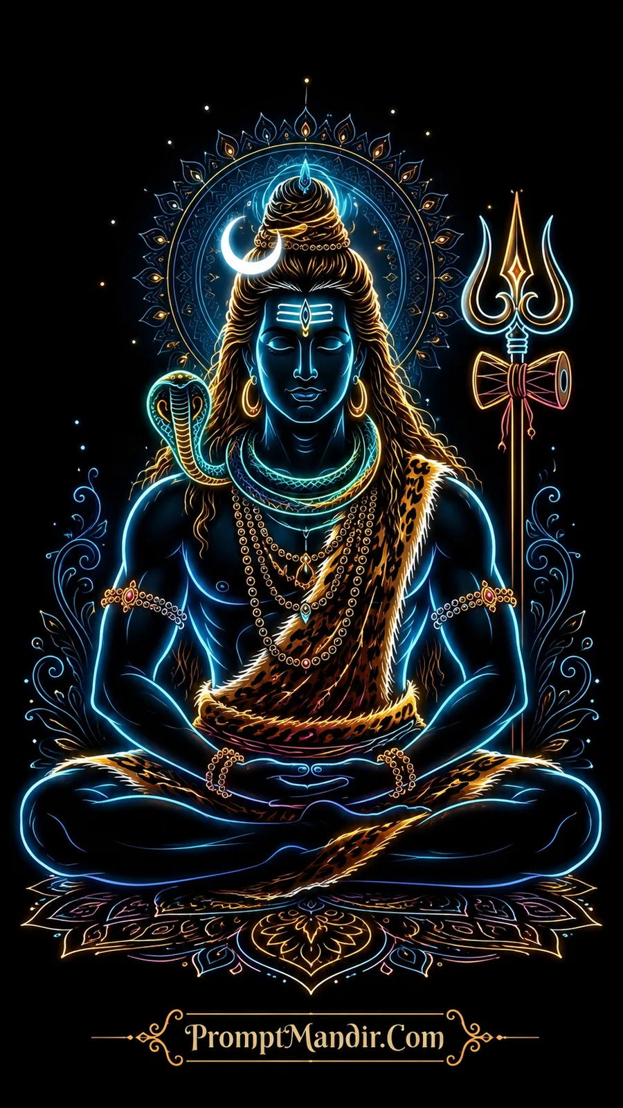 Lord Shiva meditating with trident serpent and crescent moon halo