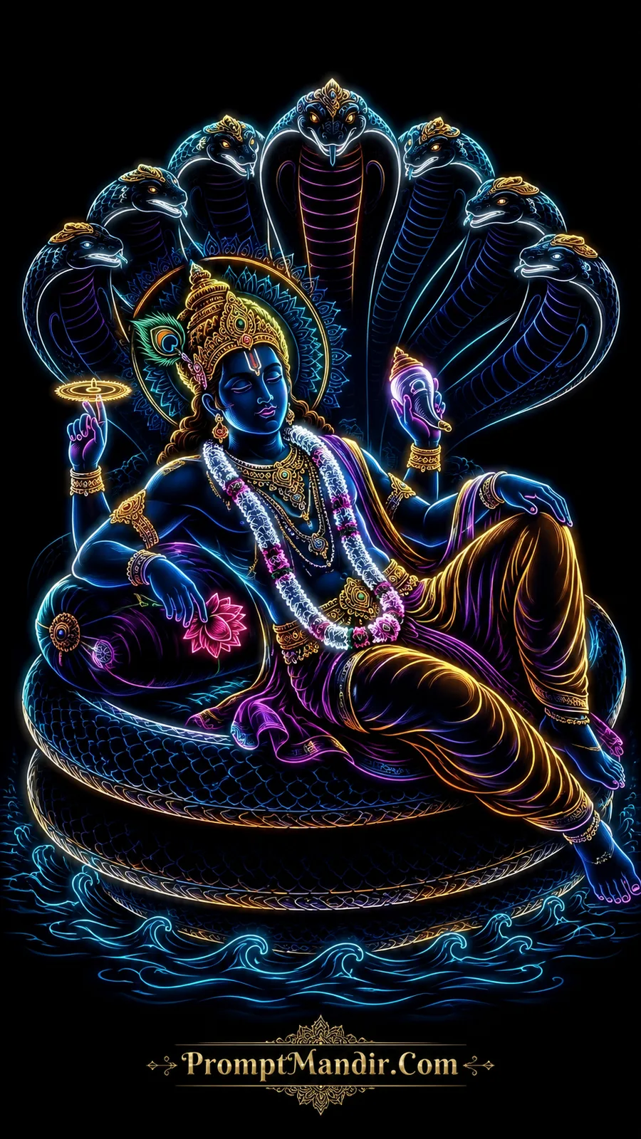 Lord Vishnu reclining on serpent Sheshnag above glowing cosmic waters