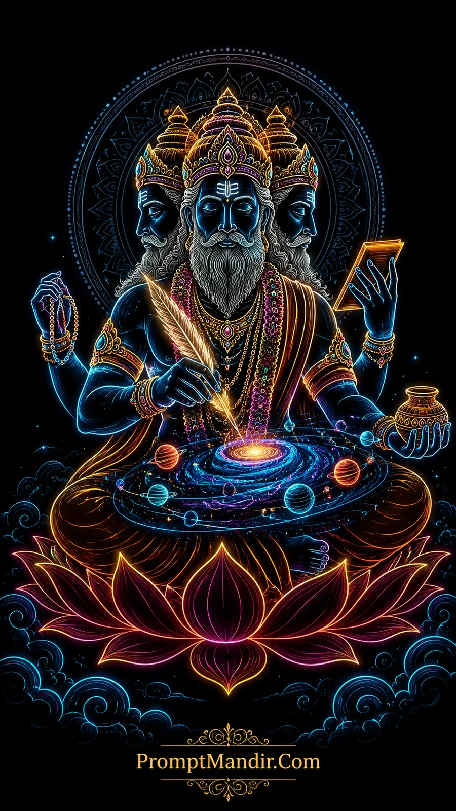 Lord Brahma creating cosmic universe seated upon radiant lotus throne