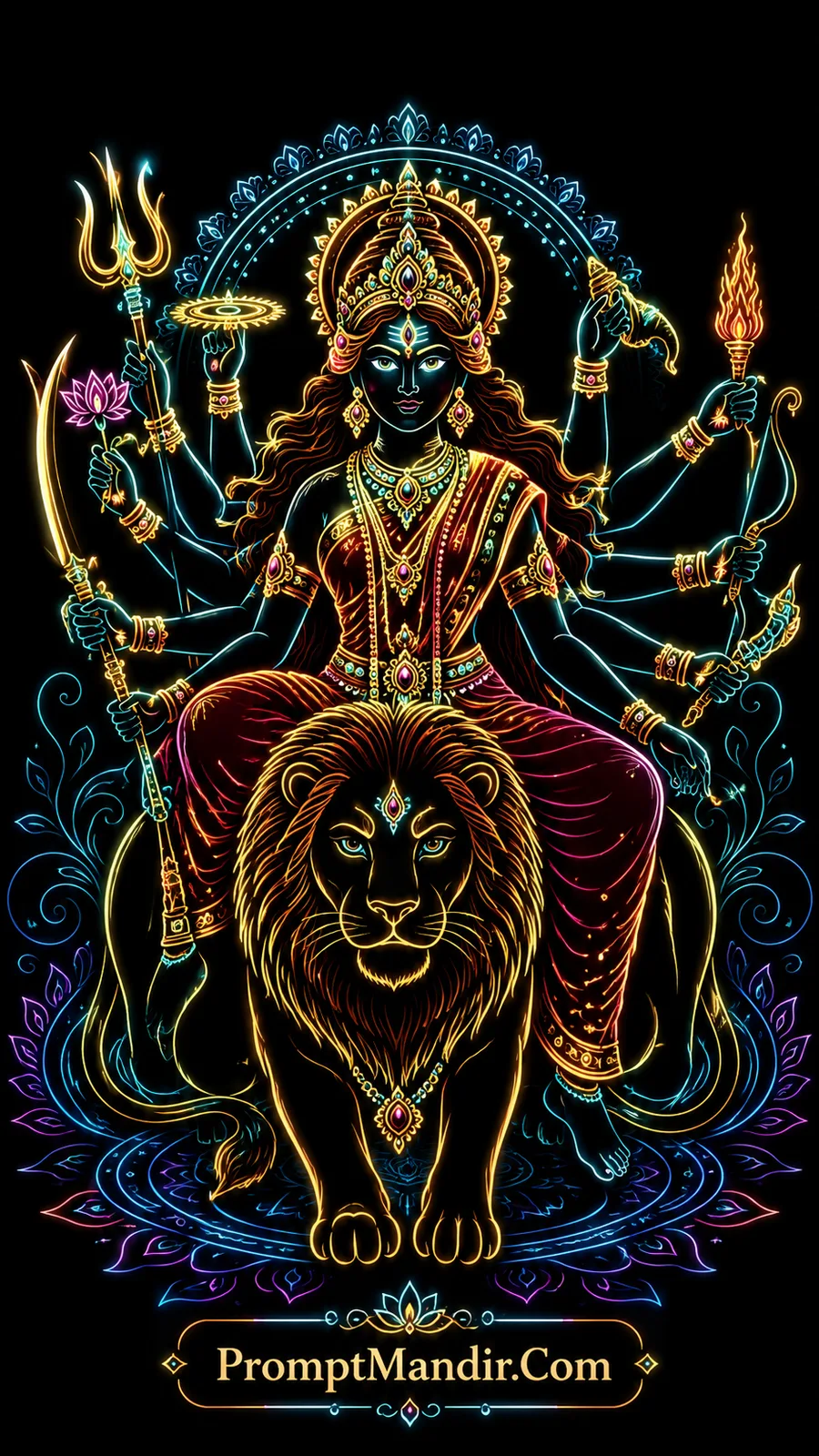 Goddess Durga seated on lion holding divine weapons and symbols