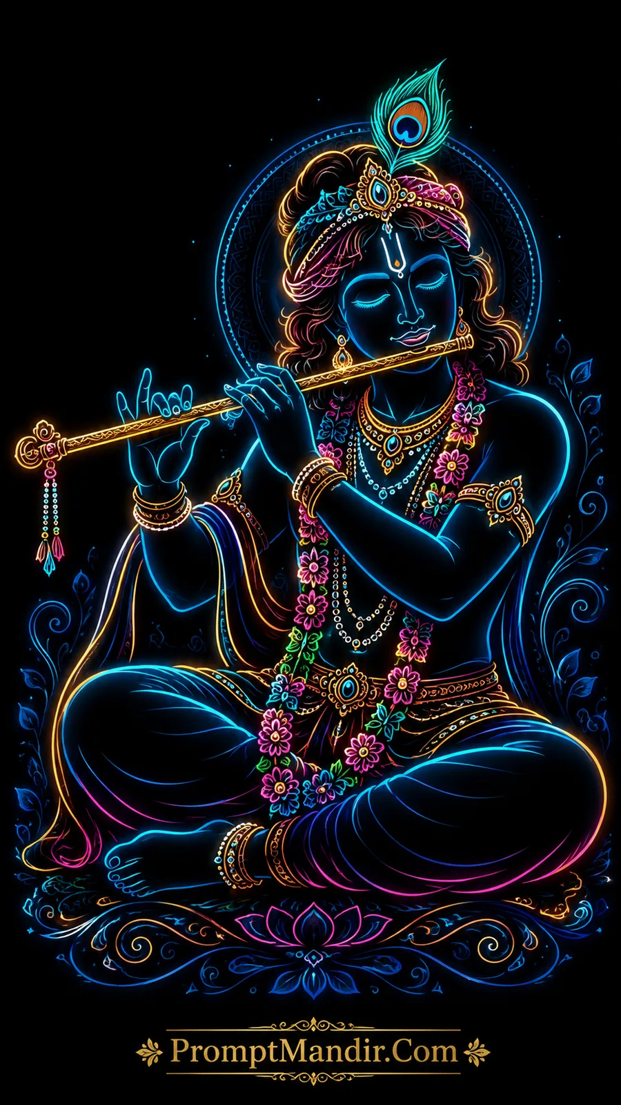 Lord Krishna playing flute with peacock feather and floral garland