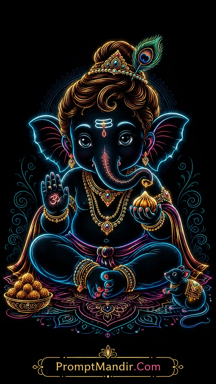 Baby Lord Ganesha holding sweet modak with mouse companion nearby