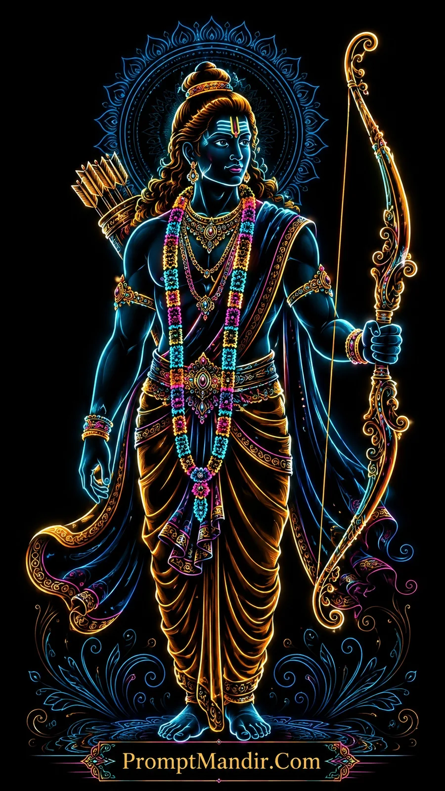 Lord Rama standing with ornate bow and quiver of arrows
