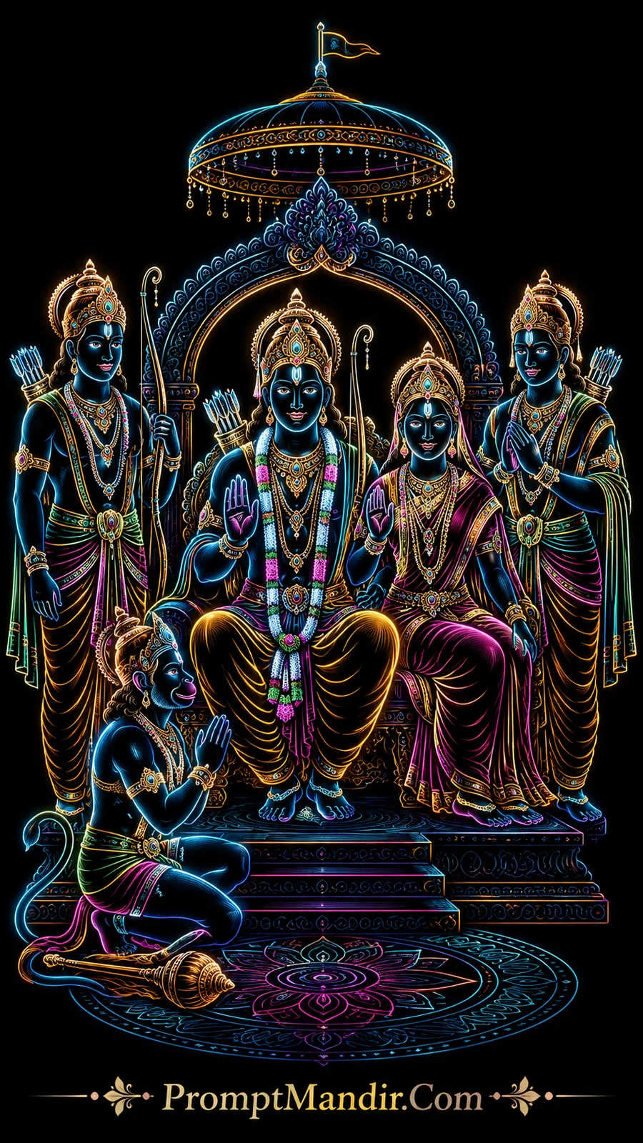 Ram Darbar with Sita Lakshman Hanuman in glowing royal setting