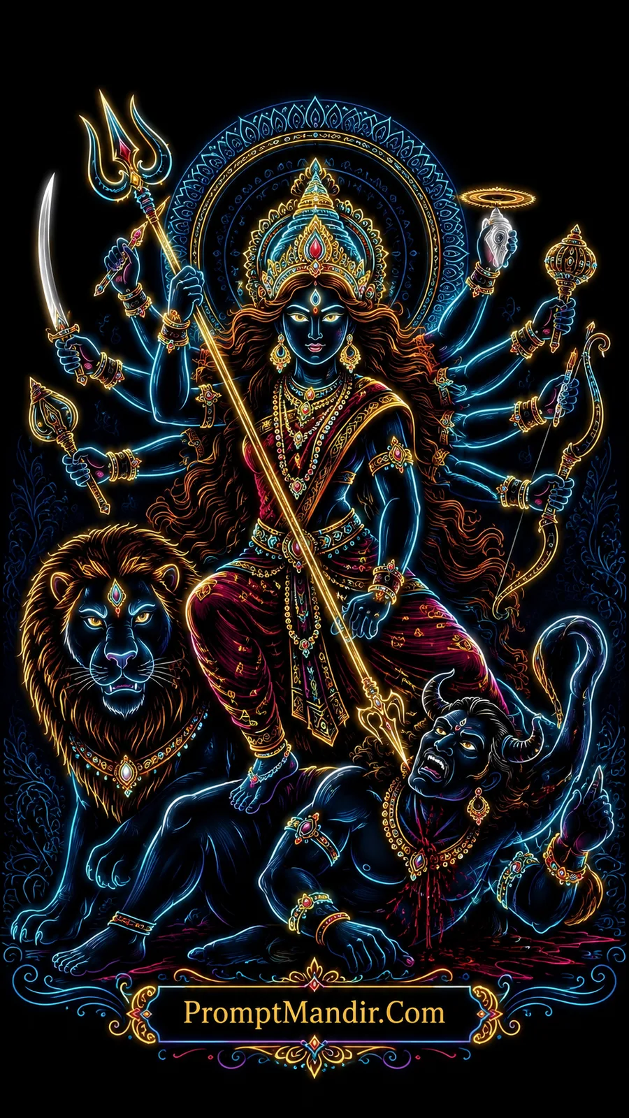 Goddess Durga defeating demon while riding majestic lion warrior mount