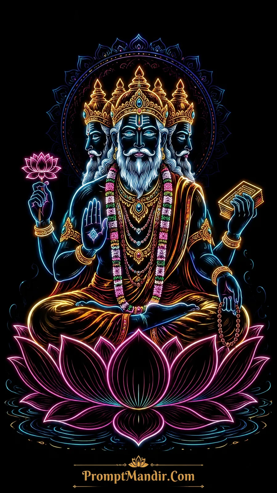 Lord Brahma seated on lotus holding scriptures and sacred lotus