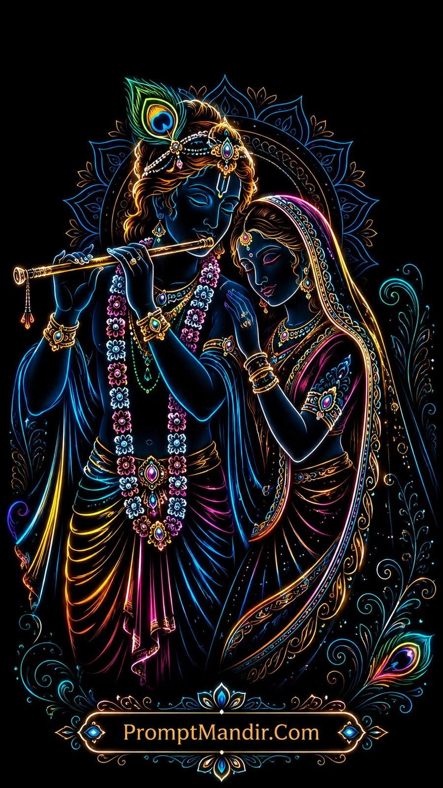 Radha and Krishna together sharing divine love beside flute melody