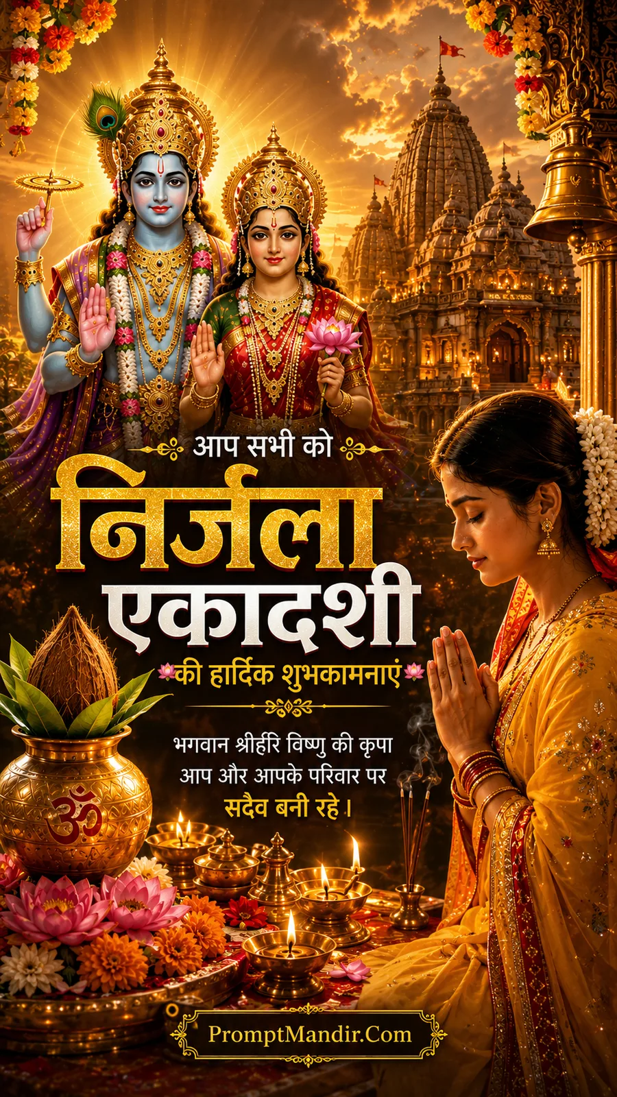 Lord Vishnu and Goddess Lakshmi with praying woman beside illuminated temple