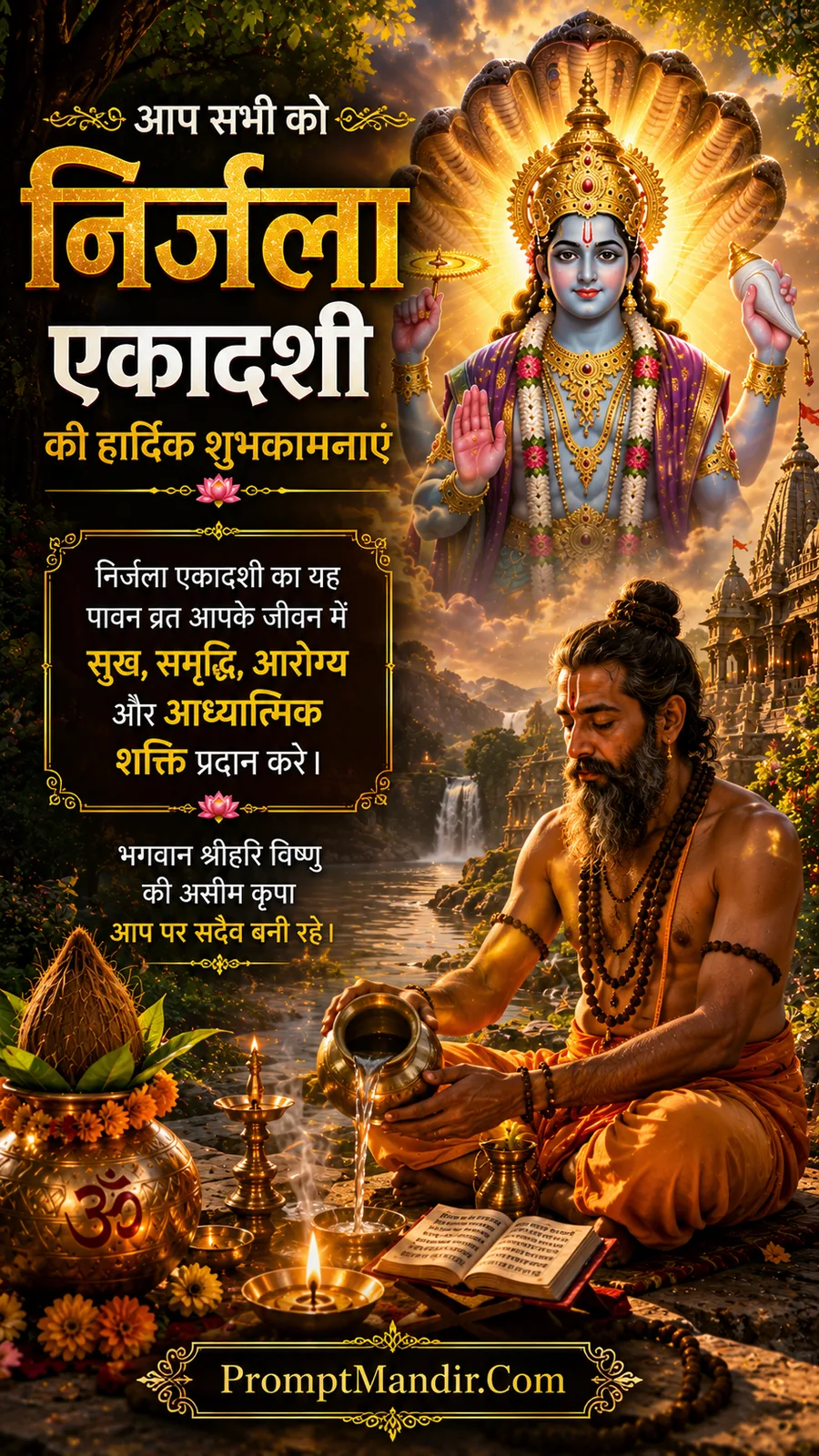 Lord Vishnu blessing devotee performing riverside ritual during sacred fast