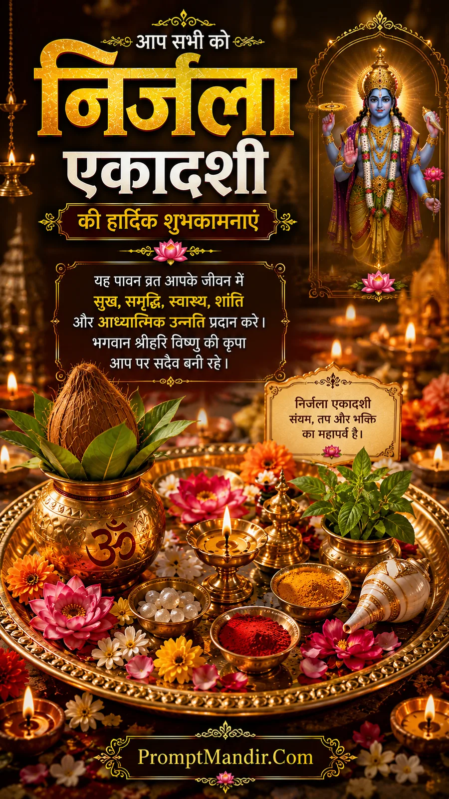 Traditional puja thali with kalash flowers lamps and Vishnu image