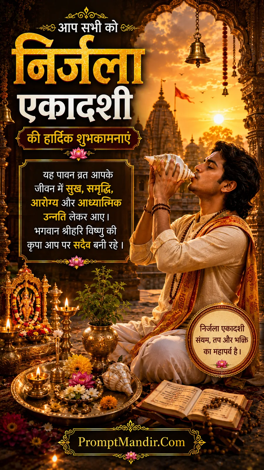 Young devotee blowing sacred conch near temple during sunset worship