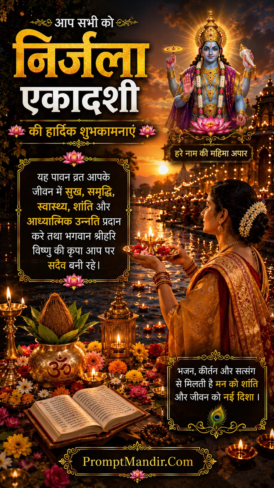 Woman holding prayer thali beside river illuminated with floating lamps