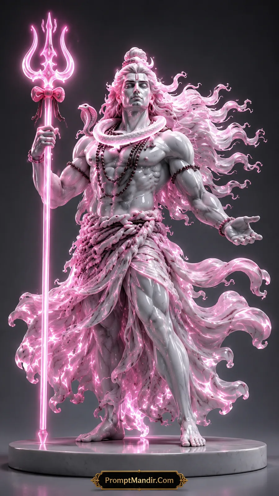 Lord Shiva standing with glowing pink trident, flowing hair, and radiant divine energy aura