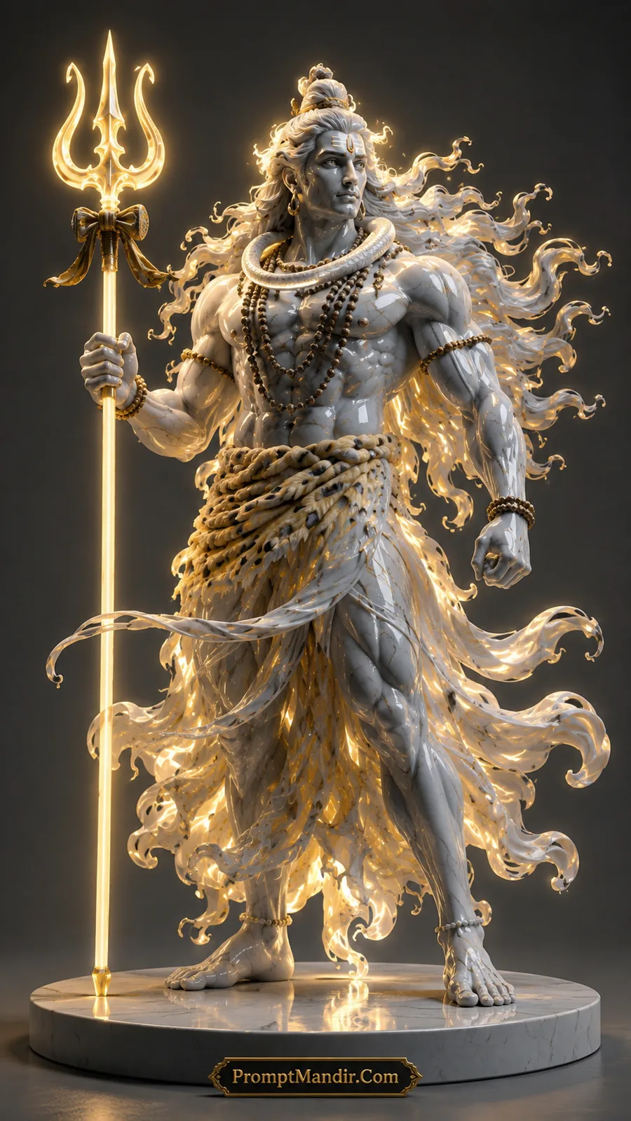Lord Shiva holding golden glowing trident with flowing hair and sacred serpent around neck