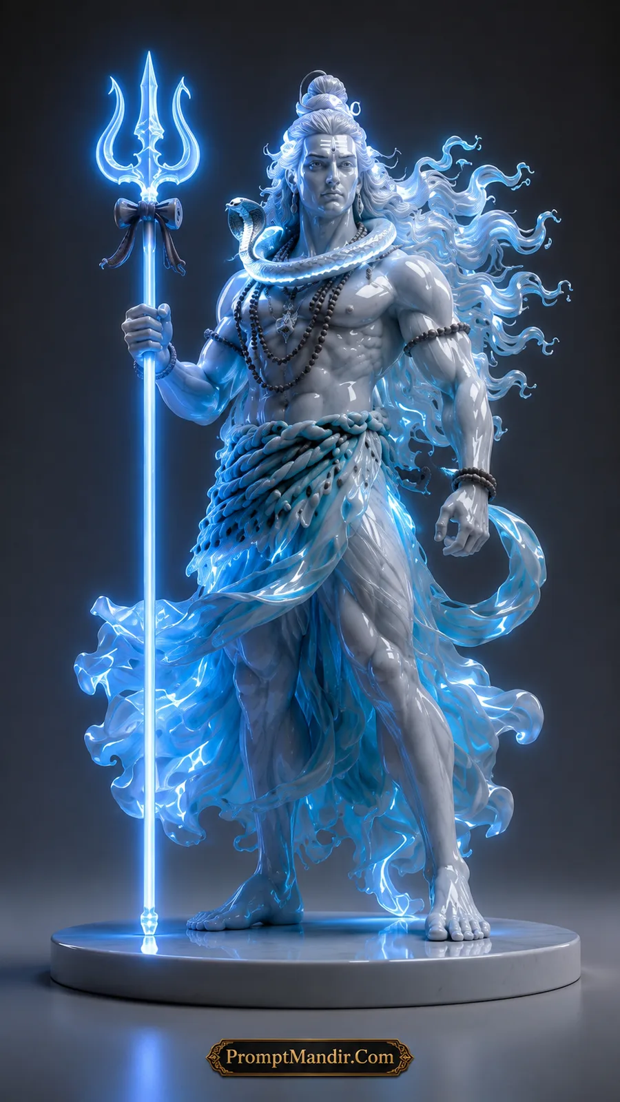 Lord Shiva with luminous blue trident and flowing celestial aura standing gracefully on marble pedestal