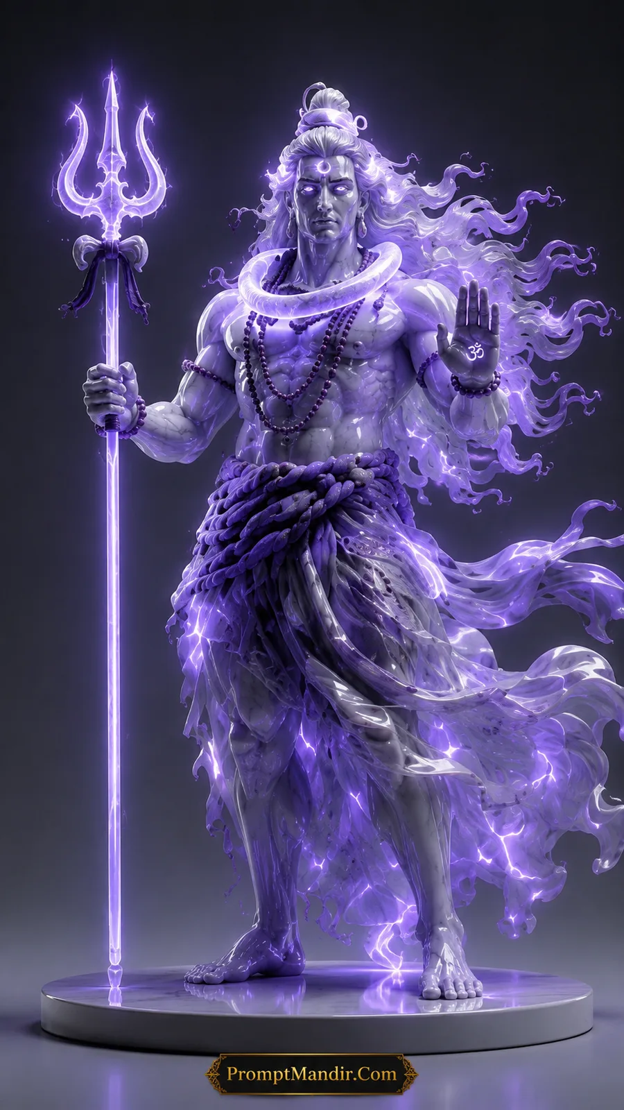 Lord Shiva blessing devotees with glowing purple trident and radiant spiritual aura