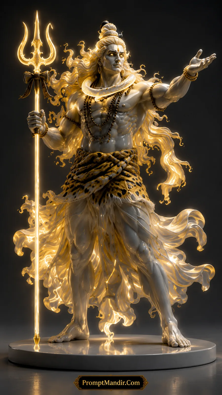 Lord Shiva extending blessing hand with golden trident and luminous flowing divine energy