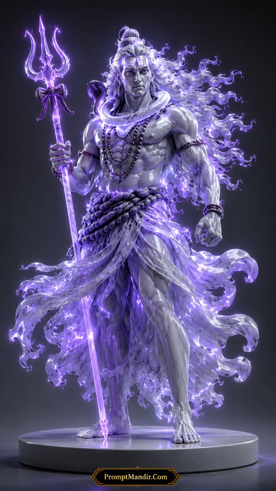 Lord Shiva holding glowing violet trident with flowing mystical aura and sacred serpent