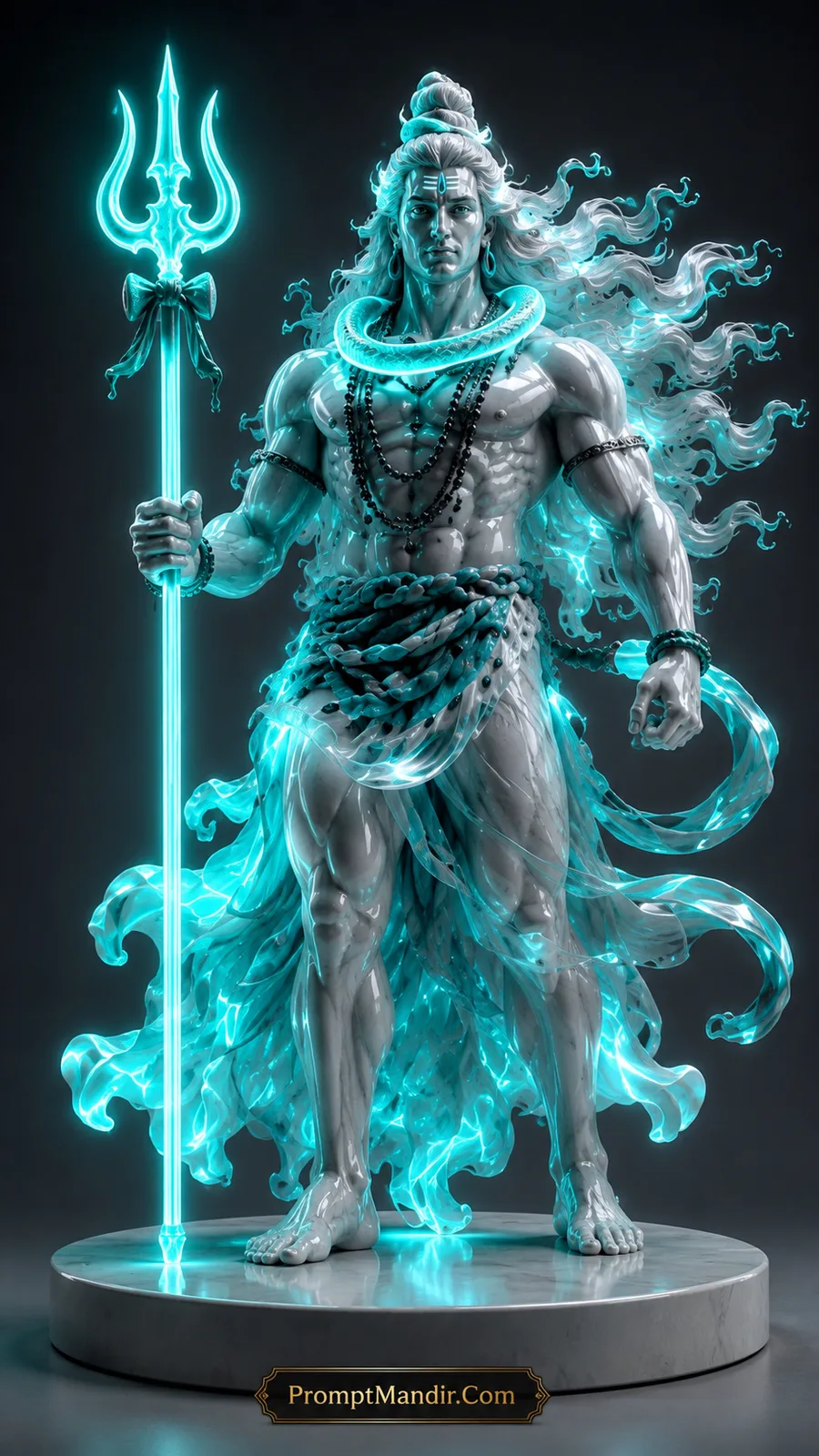 Lord Shiva standing with glowing cyan trident and radiant flowing celestial energy around body