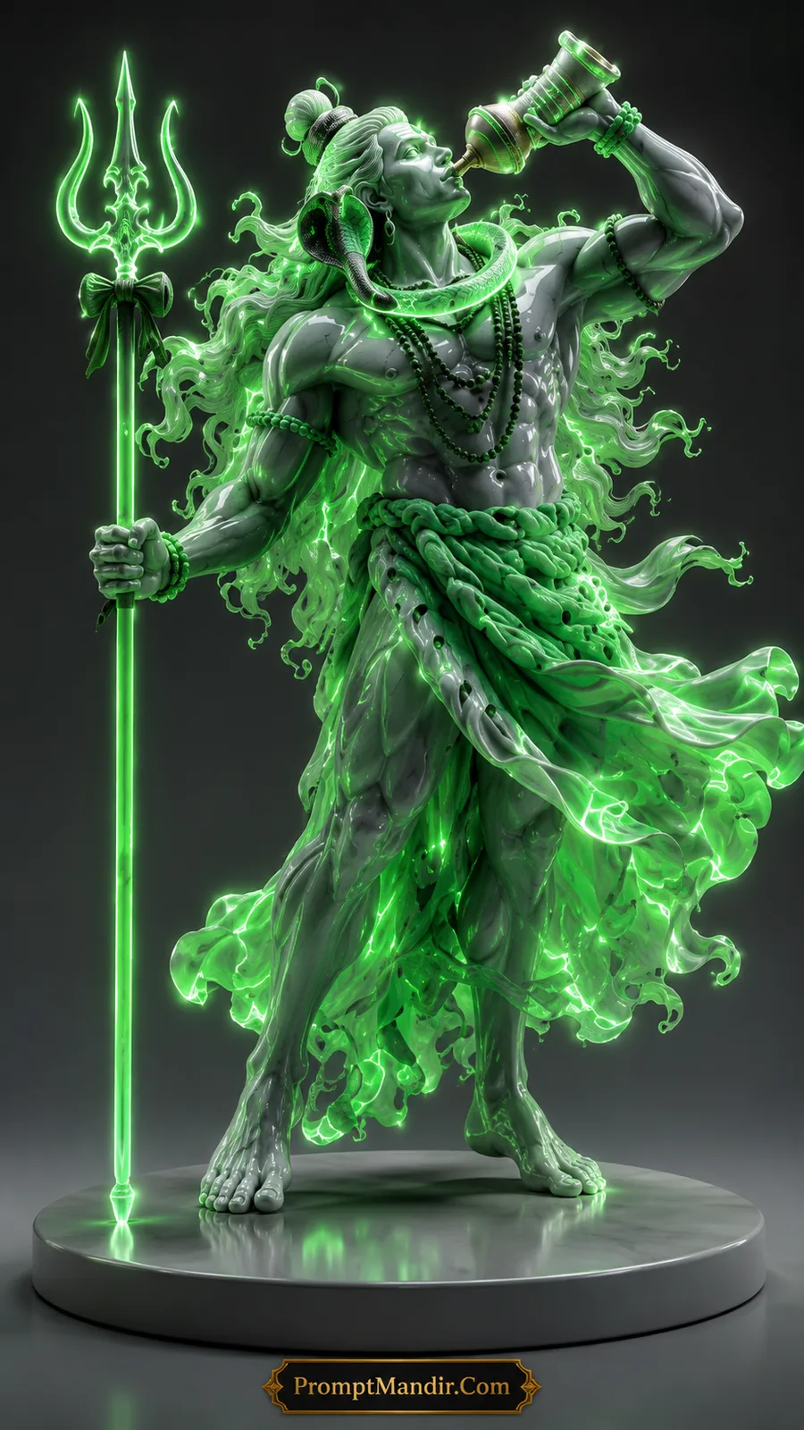 Lord Shiva drinking sacred vessel while holding glowing green trident with flowing divine aura