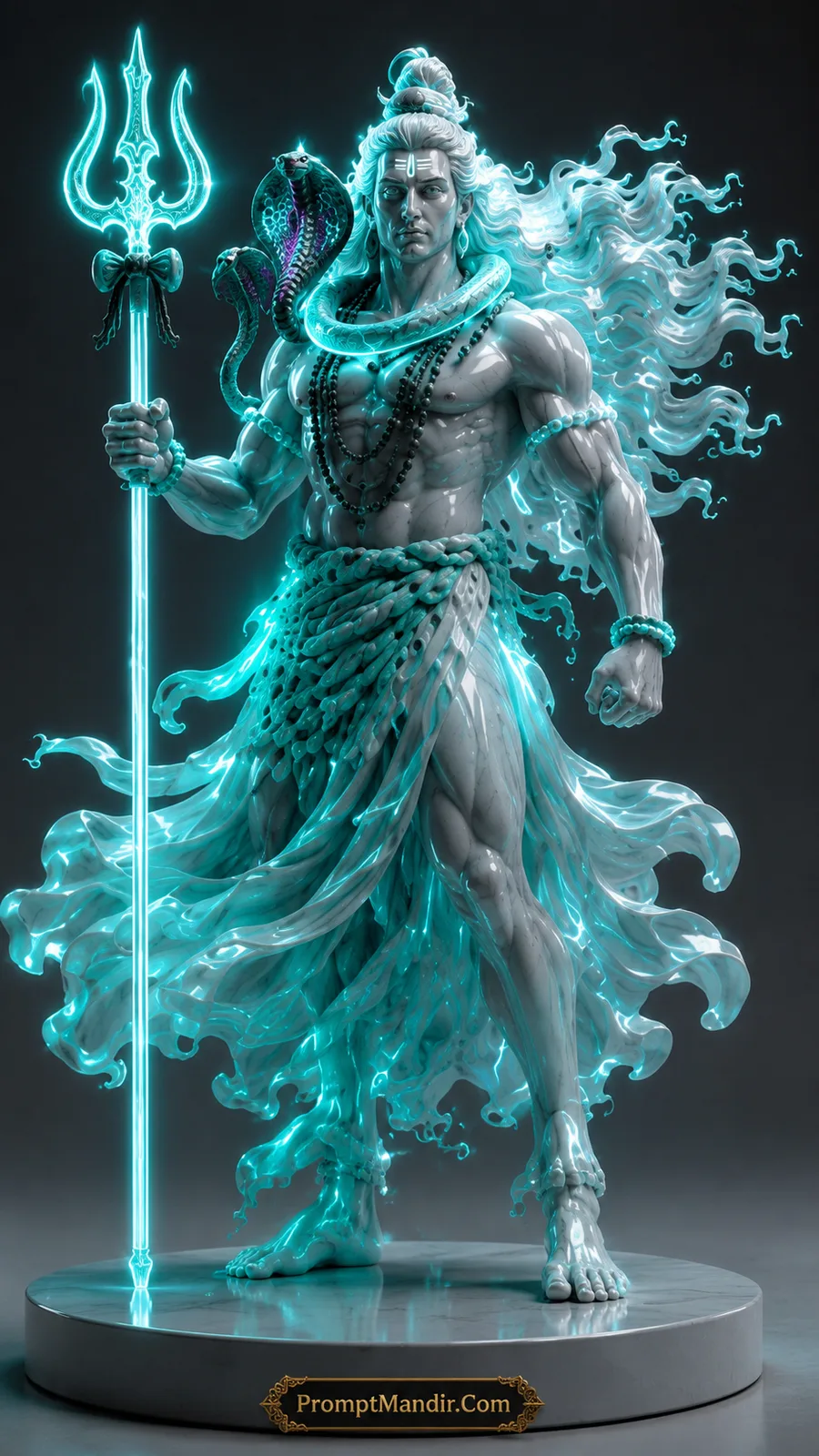 Lord Shiva with glowing turquoise trident, sacred serpent, and flowing celestial energy standing confidently