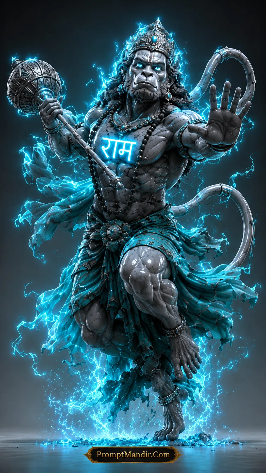 Powerful Lord Hanuman charging forward with glowing blue aura and radiant divine Gada