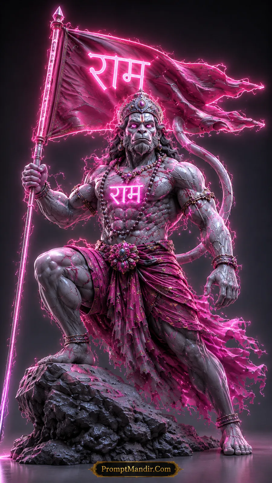 Lord Hanuman holding glowing Ram flag while standing boldly on a rocky pedestal