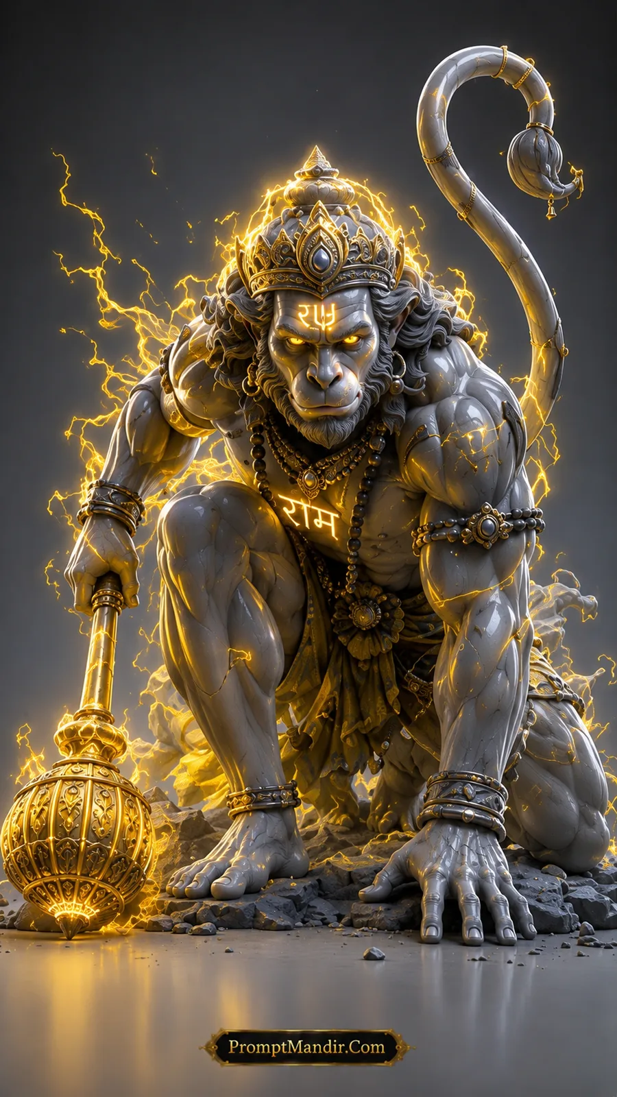 Crouching Lord Hanuman gripping golden Gada with blazing divine lightning surrounding him