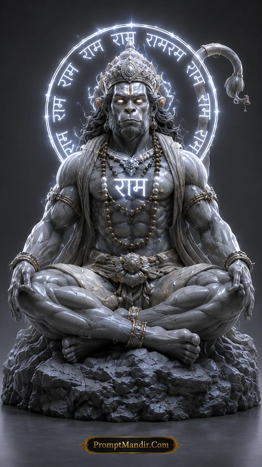 Meditating Lord Hanuman with glowing Ram halo seated peacefully on rugged stone platform
