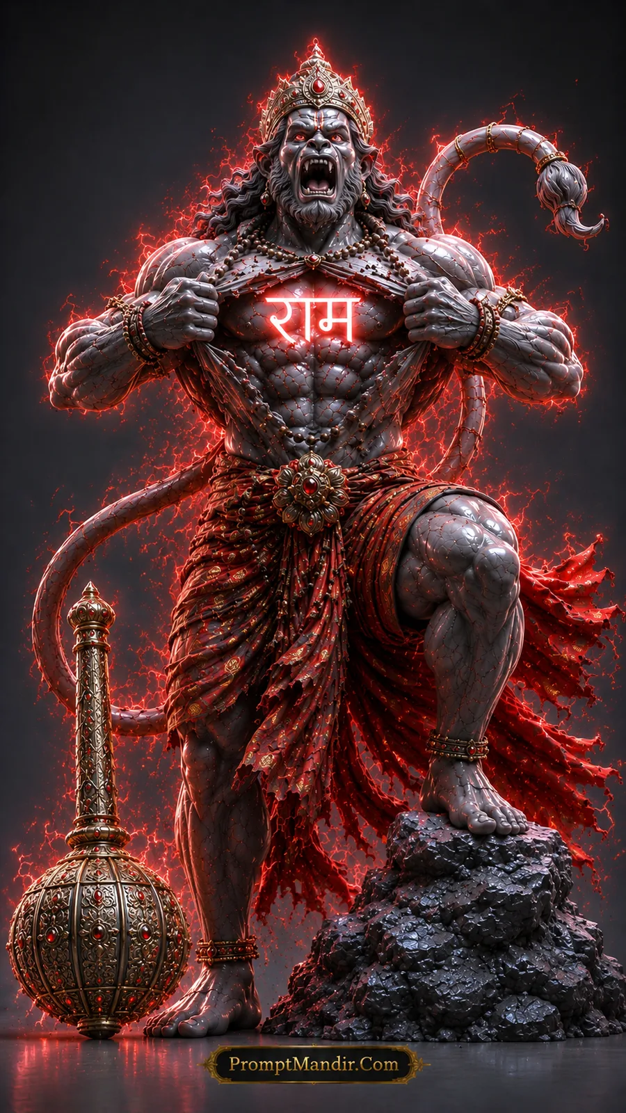 Roaring Lord Hanuman revealing glowing Ram name within his divine heart with red aura