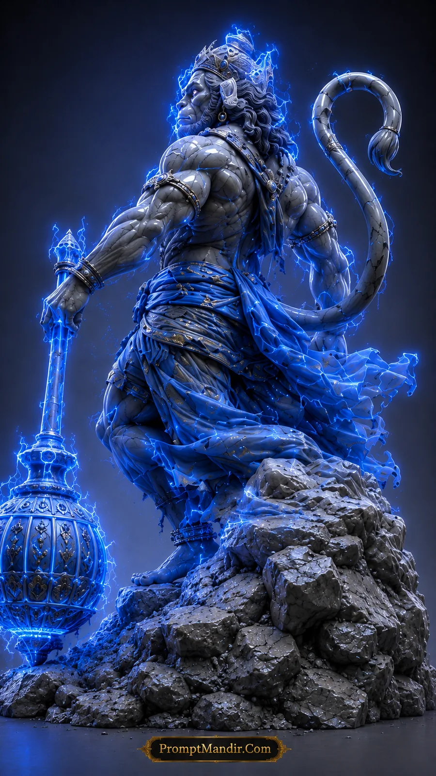 Rear view of Lord Hanuman holding glowing blue Gada on rugged rocky landscape