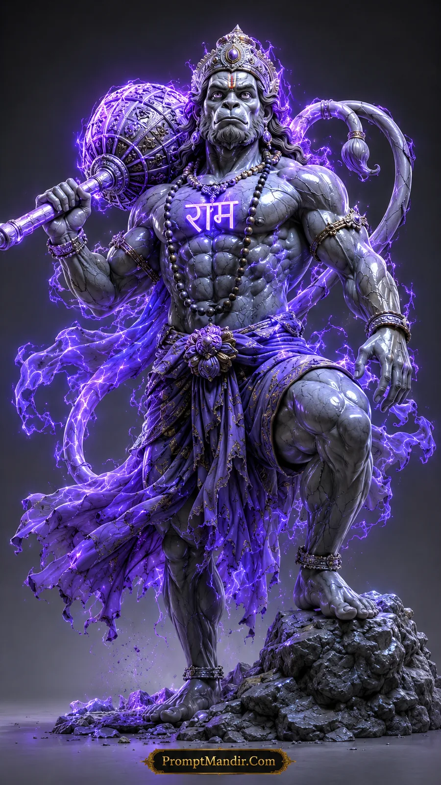 Lord Hanuman standing proudly with glowing purple Gada and radiant divine aura