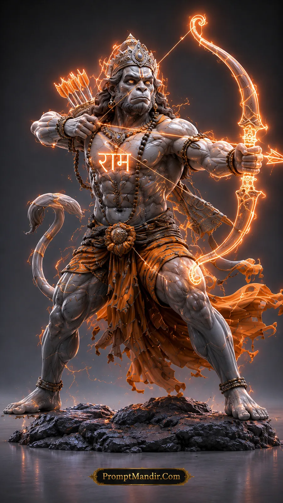 Lord Hanuman aiming a glowing divine bow with radiant Ram energy surrounding him