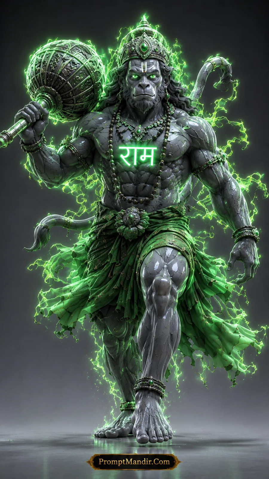 Lord Hanuman walking confidently with glowing green Gada and vibrant divine lightning
