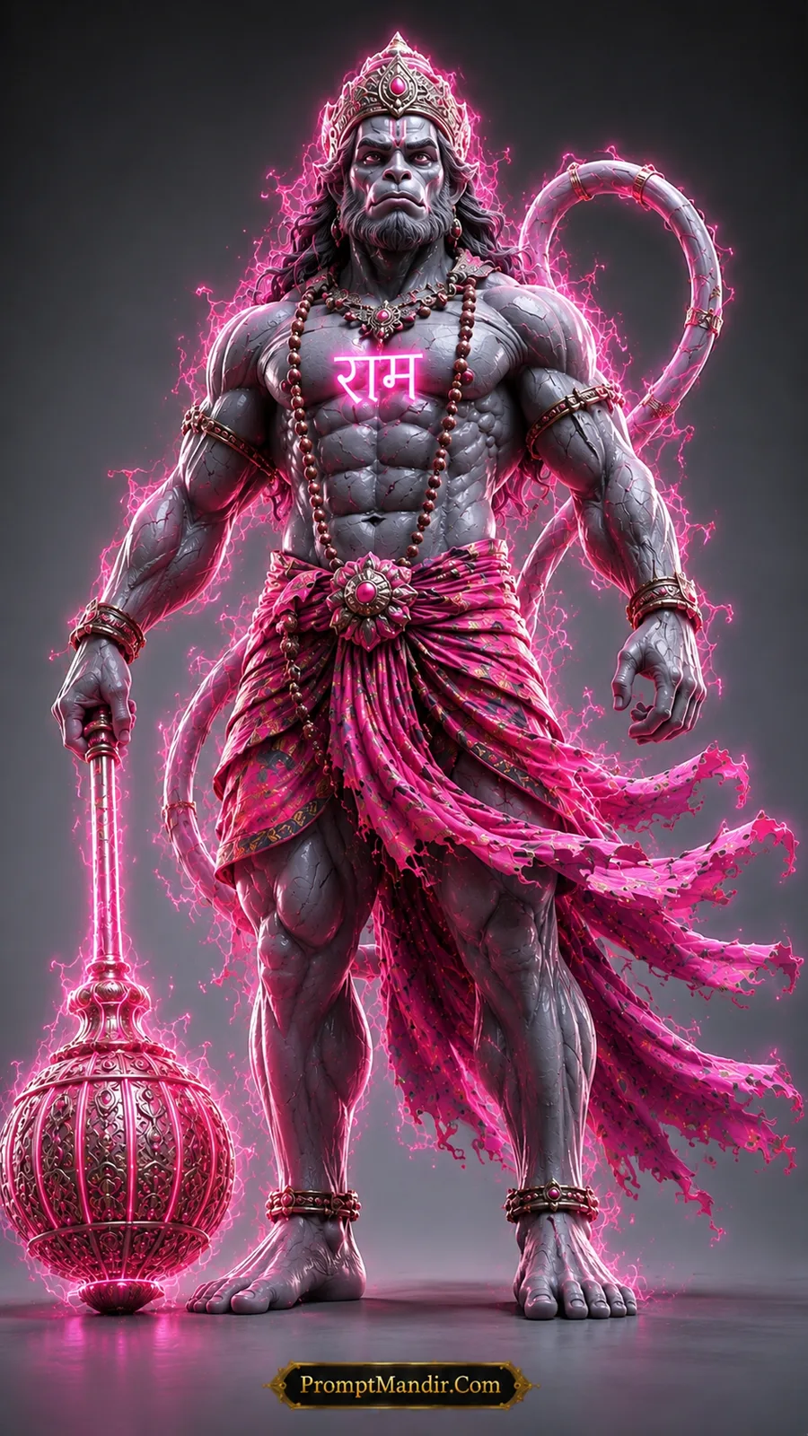 Standing Lord Hanuman beside ornate Gada surrounded by glowing pink divine energy