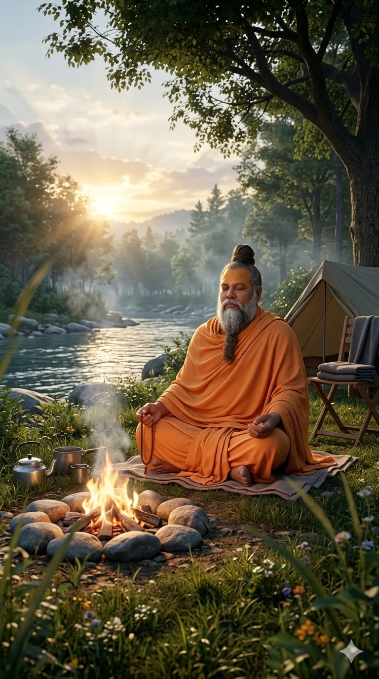 Premanand Ji Maharaj meditating beside a riverside campfire during sunrise