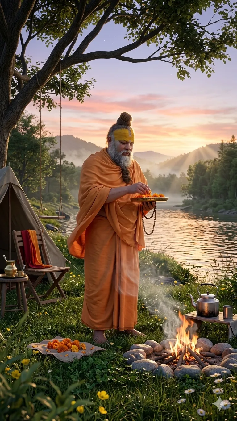 Premanand Ji Maharaj offering flowers beside a peaceful riverside campsite