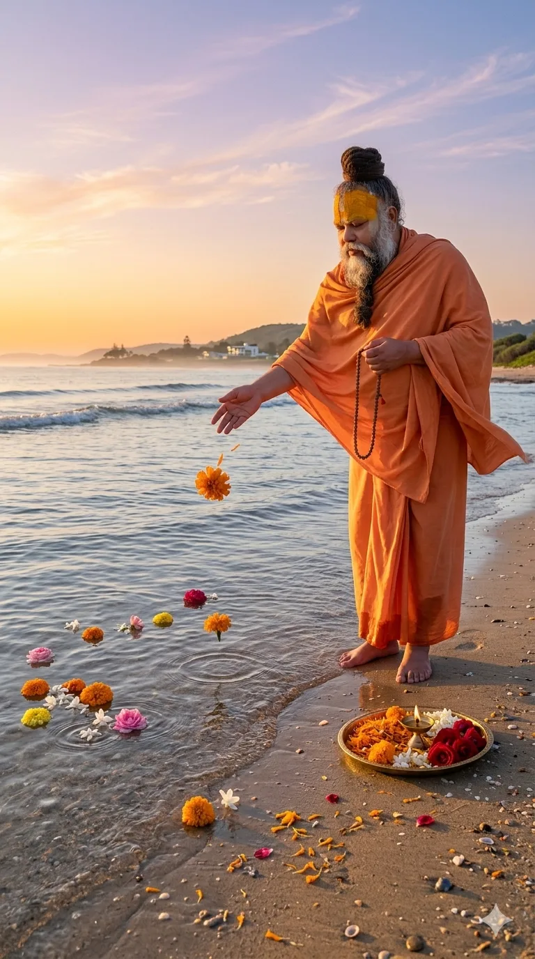 Premanand Ji Maharaj offering flowers into ocean waters at sunrise
