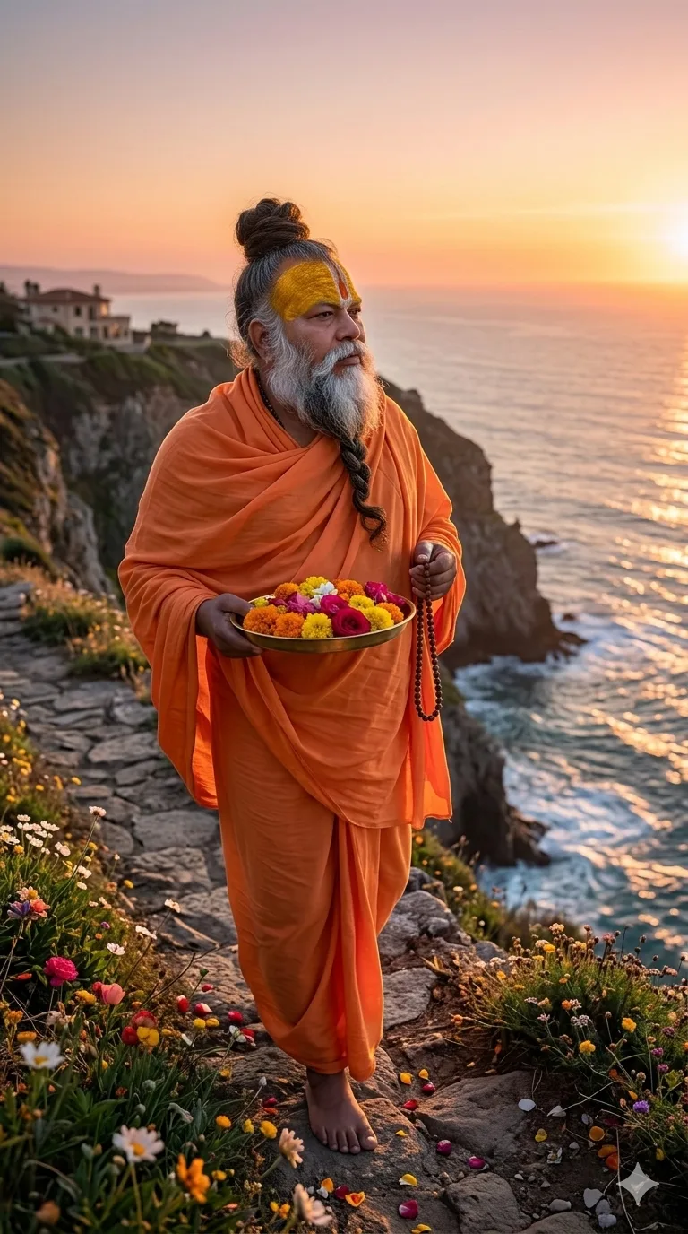 Premanand Ji Maharaj carrying flower offerings along a coastal cliff