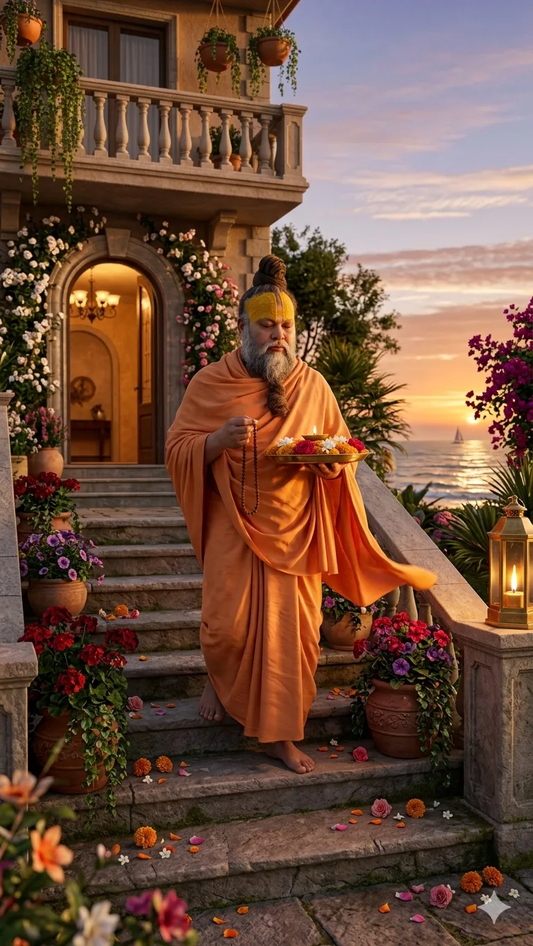 Premanand Ji Maharaj descending garden steps with devotional flower offerings