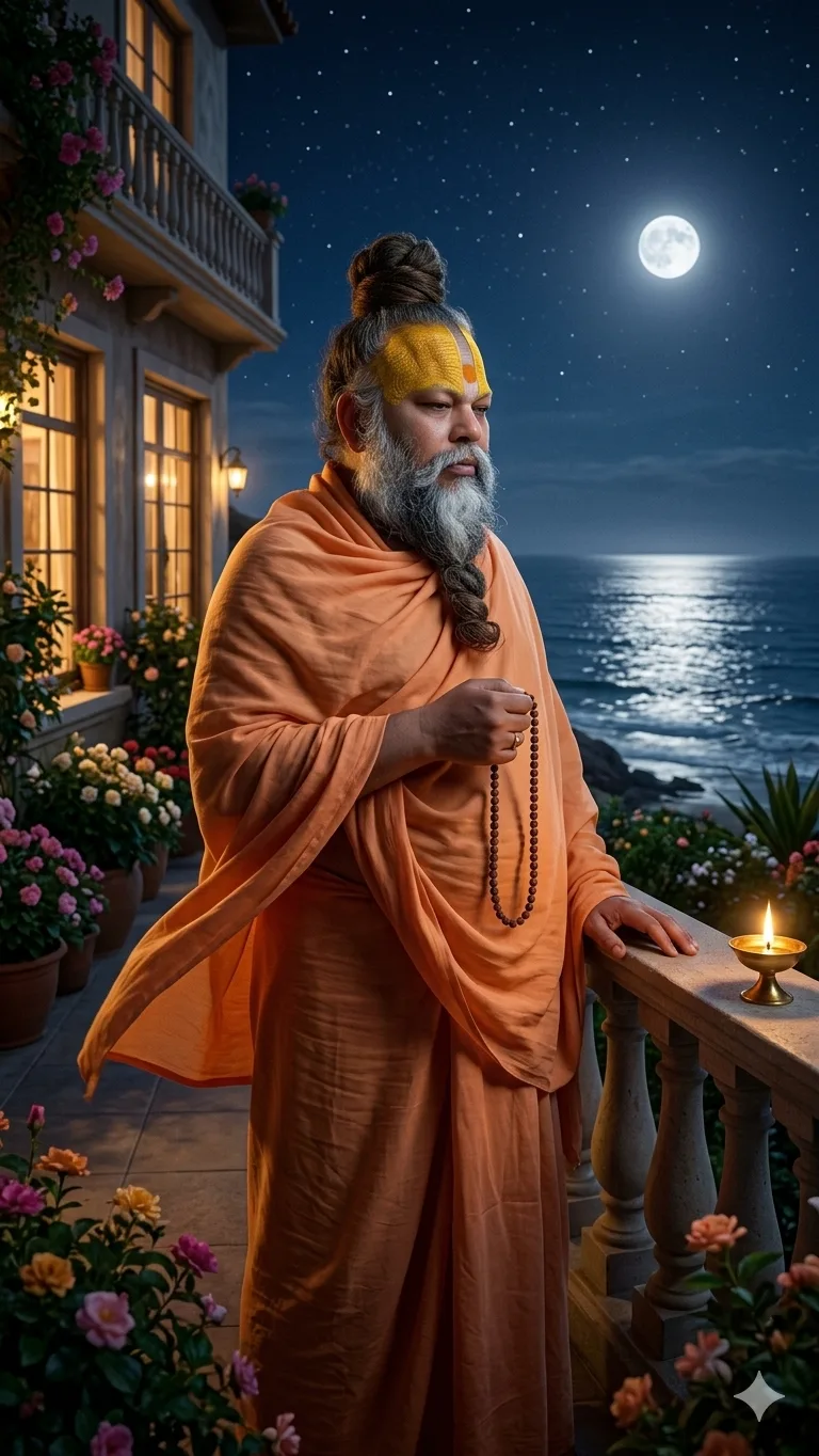 Premanand Ji Maharaj standing in moonlight overlooking a calm ocean