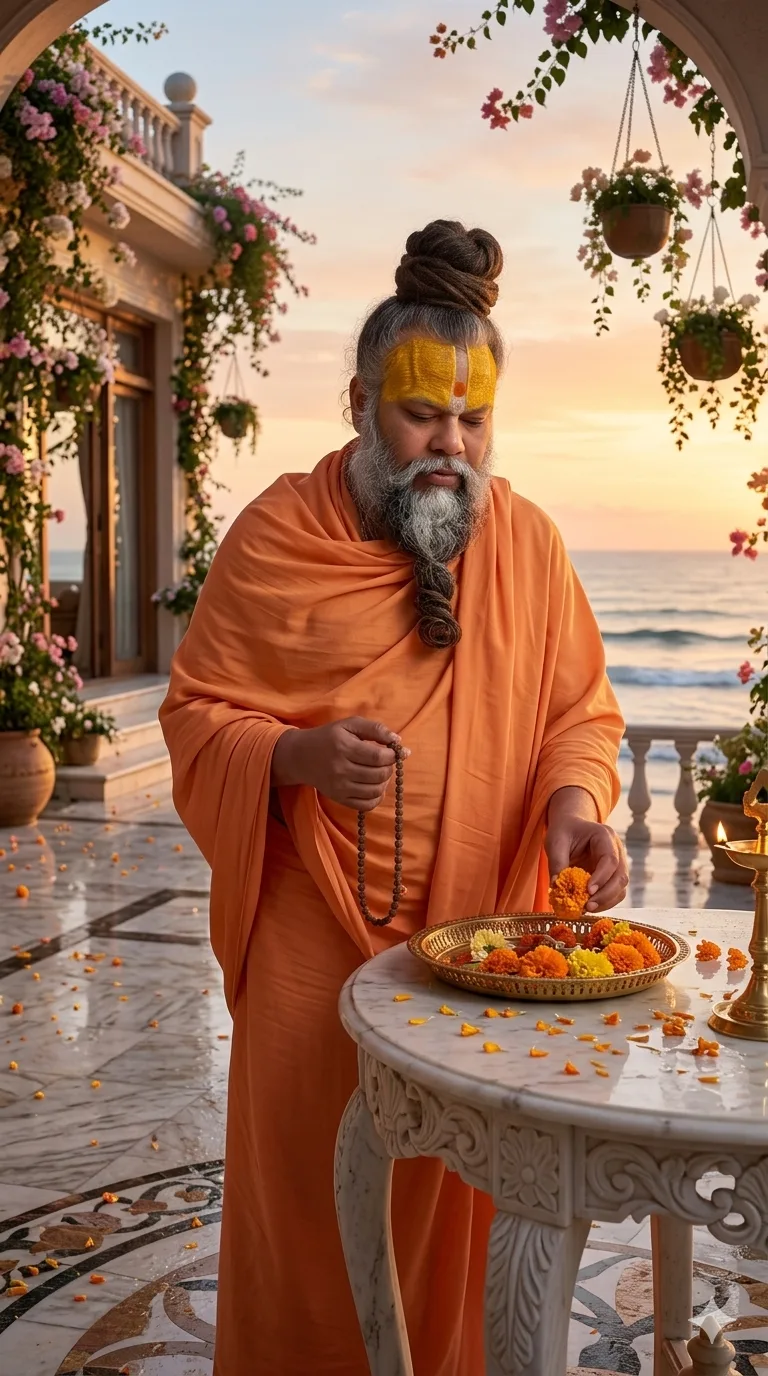 Premanand Ji Maharaj arranging flower offerings on a seaside terrace