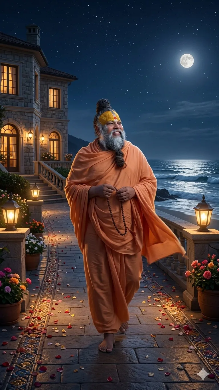 Premanand Ji Maharaj walking beside moonlit ocean with prayer beads