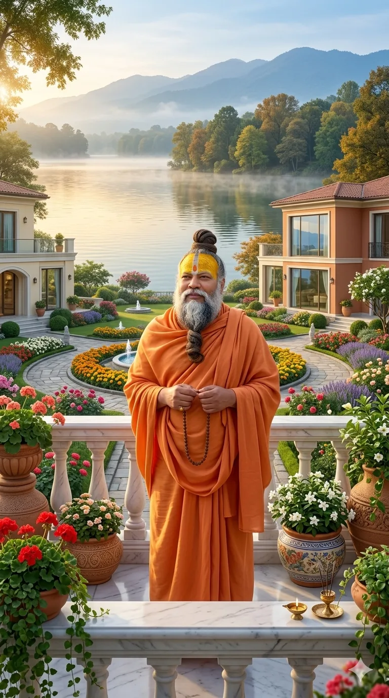 Premanand Ji Maharaj standing in a lakeside garden with mountain views