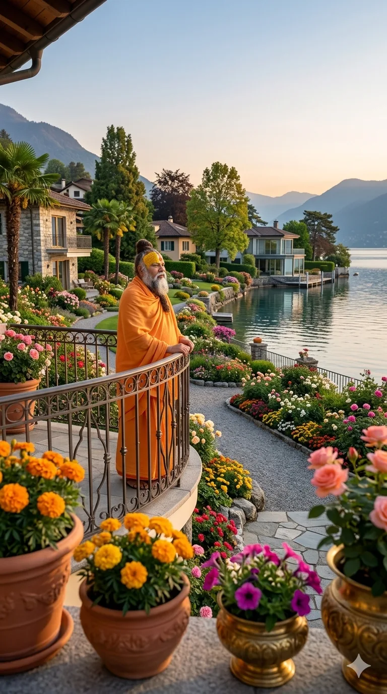 Premanand Ji Maharaj overlooking a flower-filled lakeside landscape from balcony